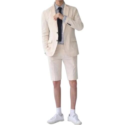 ANNIEBRITNEY 2020 Summer Ivory Linen Men Suit With Short Pants Summer Beach Groom Wedding Tuxedo Cutsom Slim Fit 2 Piece Suit