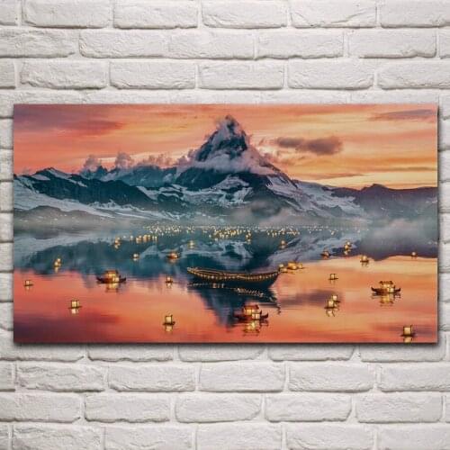 Beautiful dusk nature mountains lake scenic Wishing lamps living room home art decor wall decorative canvas fabric poster KM628