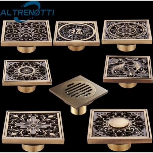 Brass Floor Drain Square Antique Classical Bathroom Accessories Shower Strainer Water Waste Grate Cover 10*10 Floor Drain