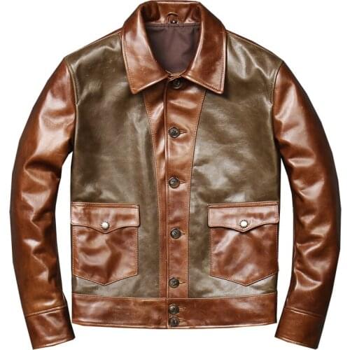 Pure cowhide Stitching Color Mens Motorcycle Leather Jacket 2021 Spring and Autumn New British Style Oil Wax Slim Jacket