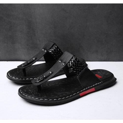 Slippers men T-tied fish flip flops genuine leather beach sandals Summer outside comfortable leisure shoe male Non-slip Slippers