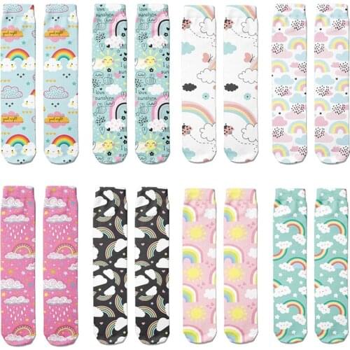 Kawaii Girls Rainbow Clouds Pink Socks 3D Printing Cute Cartoon Socks Women And Men Comfortable Long Socks Straight Socks