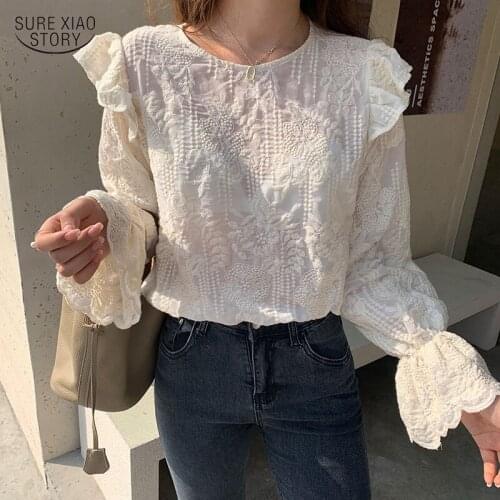 2021 New Casual Loose Crochet Lace Shirt Tops Autumn Flare Sleeve Ruffle Blouse Women O-neck Women Clothing Blusas Elegant 16855