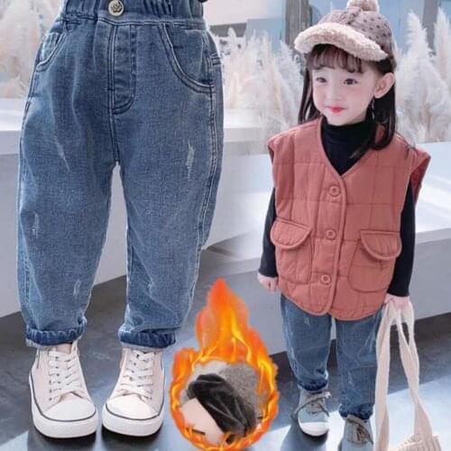 Autumn Winter New Baby Girls Thicken Jeans Kids Fashion Causal Warm Pants Loose Plus Velvet Denim Pants For Girls Baby Trousers