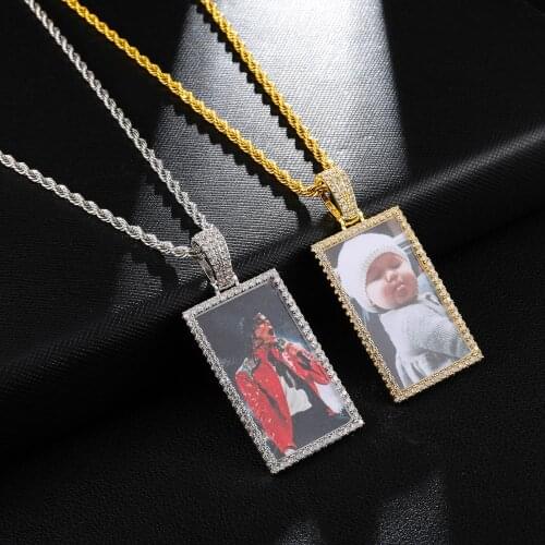 Custom Made Photo Square Medallions Necklace & Pendant With Tennis Chain Gold Zircon Mens Hip hop Jewelry