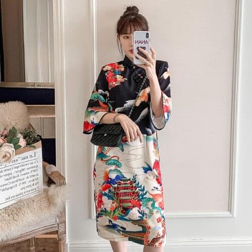 Printed Middle Sleeve Improved Split Female Cheongsam Nine-quarter Sleeves Commuter Buckle Chinese Stand-up Collar Ladies Dress