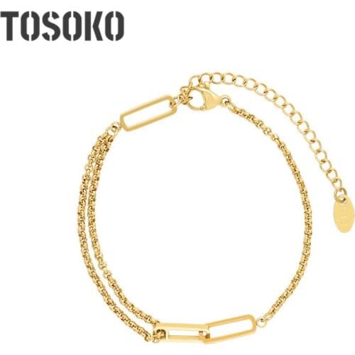 TOSOKO Stainless Steel Jewelry Geometric Hollowed Out Rectangular Double Layer Chain Bracelet Womens Fashion Bracelet BSE179