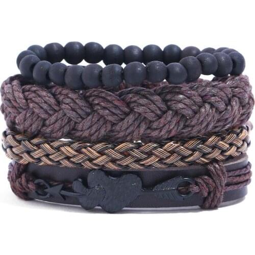 Vintage Fashion Jewelry Heart Arrow Beads Charms Braided Leather Bracelets Set Women Men Lovers Handmade Woven Wristbands Bangle