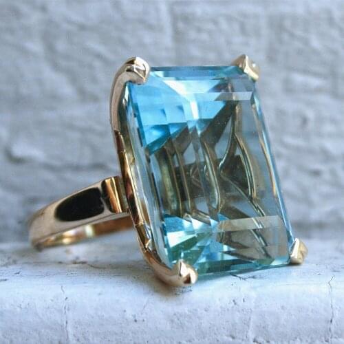 Square blue crystal aquamarine topaz gemstones rings for women gold tone jewelry bague bijoux party accessories fashion gifts