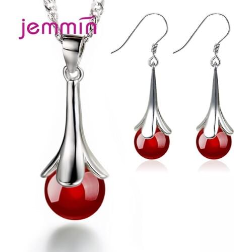 New Korean Women 925 Sterling Silver Natural Stone Piercing Drop Earrings Necklaces Jewelry Sets Wedding Party Gift