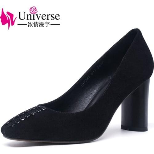 Universe round toe kid suede high heel pumps fashion chunky heel women shoes 2018 spring women pumps H004
