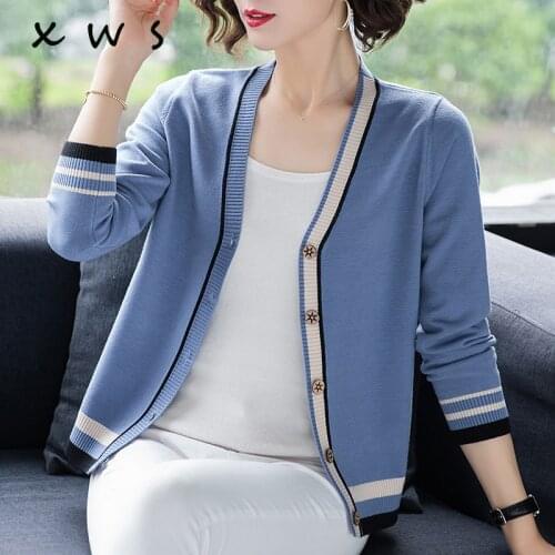 2019 Spring casual Women Sweater Knitted Cardigan Long Sleeve V-Neck striped Loose Sweater Cardigan Women Basic Jacket
