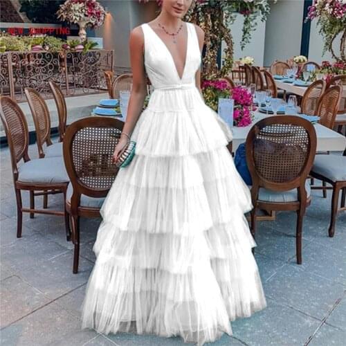 Women V-neck Layer Ruffles Long Mesh Evening Party Night Dress Pink White Blue Organza Elegant Puff Vestido Tiered Ball Gown