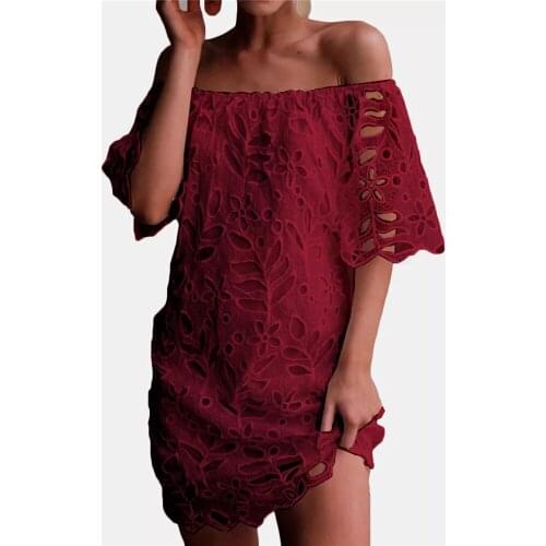 Hollow out White Lace Dress Women Off Shoulder Short Sleeve Elegant Mini Backless Dress Femme See Through Sexy Vestidos Mujer