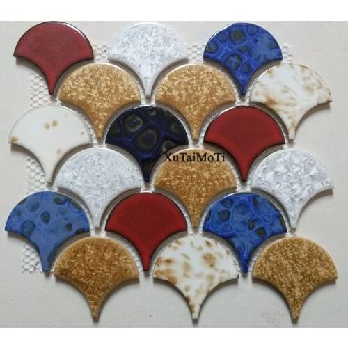 11pcs blue green fish scale ceramic mosaic tile kitchen backsplash bathroom wallpaper pool wall shower fan porcelain decoration