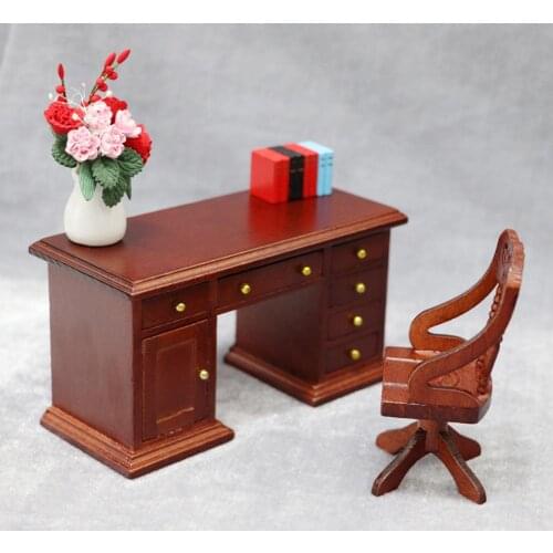 2Pcs/Set 1/12 Wooden Desk Computer Chair Furniture Model Toy Dollhouse Decor