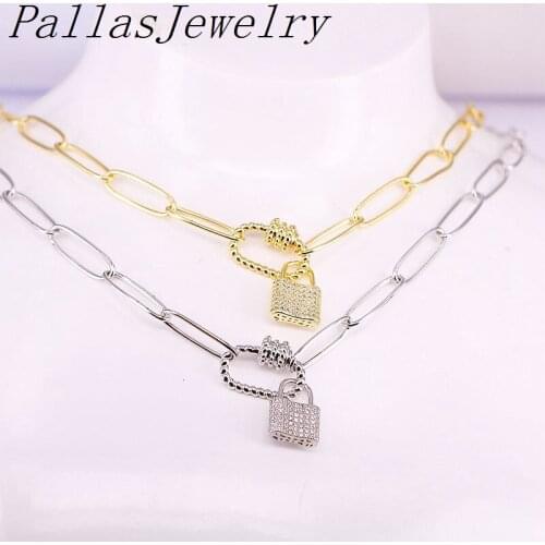 5Pcs New Design CZ Zirconia Oval and Lock shape cubic zircon Carabiner Pendant Necklac Jewelry Screw Clasp Link Chain Necklace