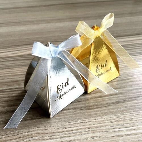 50pcs Eid Mubarak Candy Box Favor Box Ramadan Kareem Gift Boxes & Ribbon Islamic Muslim Festival Happy al-Fitr Eid Party Decor