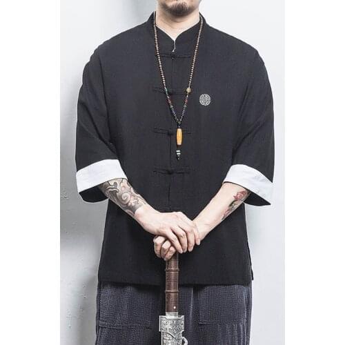 Aransue Summer Chinoiserie Large Size Button Up Shirt Mens Tang Dynasty Thin Coat Han Blouse Cotton Linen Ancient Outwear