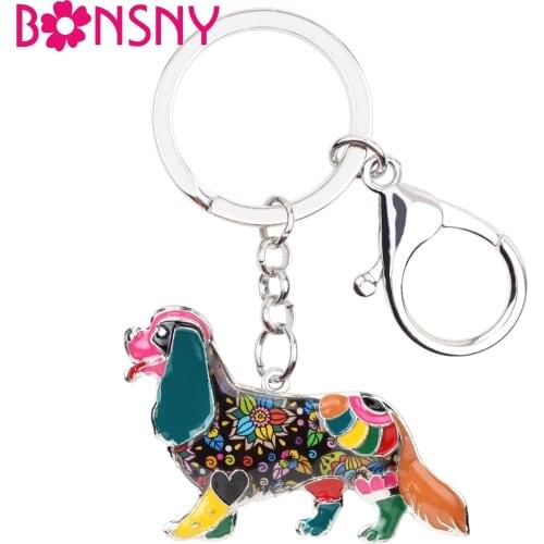 Bonsny Enamel Cavalier King Charles Spaniel Key Chain Key Ring Handbag Bag Charm Dog Keychains Gifts Souvenir Jewelry For Women