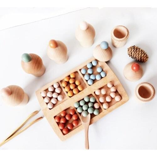 Kids Clip Beads Rainbow Toys Montessori Color Sort Game Early Educational Color Collection Wooden Cake Cup Fine Motor Training