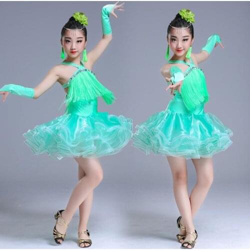 Girls Children Latin Dance Skirt Fringed Sequins Modern Dance Dress Kids Green Salsa Tango Performance Dance Wear Costumes