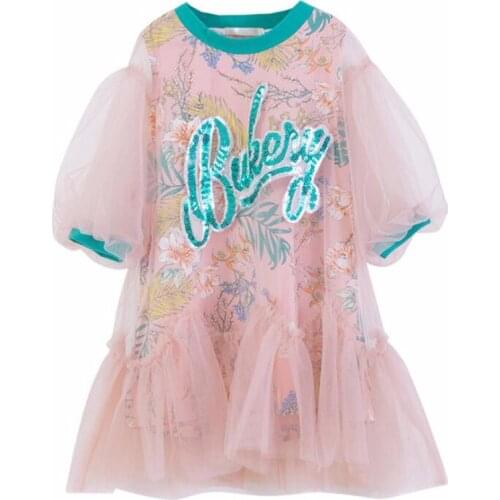 Teens Kids Dresses for Girls Letter Floral Print Meah Dress Puff Sleeve Baby Children Summer Clothes Princess Fashion 10 to 12