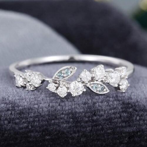 EDI Leaf Ring Aquamarine Stacking Matching Band 14k White Gold Floral Moissanites Wedding Band Anniversary Jewelry Gift For Her