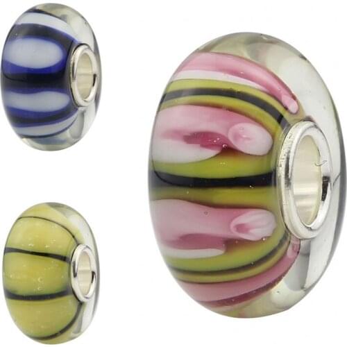Emith Fla 925 Sterling Silver Large Hole Round Stripe Murano Glass European New Charm Beads Fit Brand Bracelet Jewelry Makings