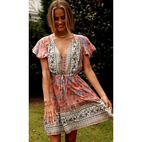 GypsyLady Peach Floral Mini Dress Summer Boho Beach Pink Dress Cute Button Front Ruffle Women New Holiday Sexy Chic Dress