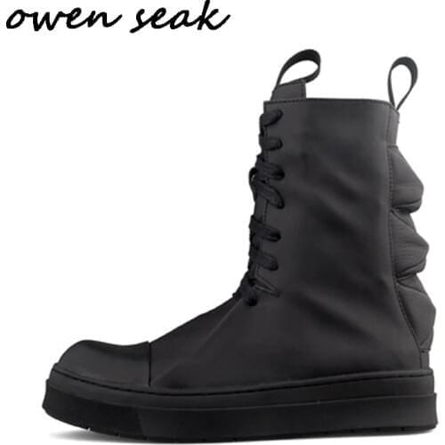 Owen Seak Men Shoes High-TOP Boots Genuine Leather Sneakers Luxury Trainers Winter Boots Casual Lace-up Black White Flats Shoes