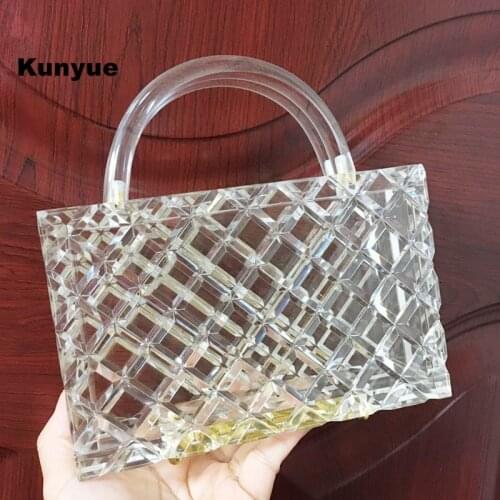 Summer Handbag Trendy Women Transparent Handle Acrylic Evening Bag Lady Party Prom Wedding Bridal Clutch Purse Clear Plaid Totes