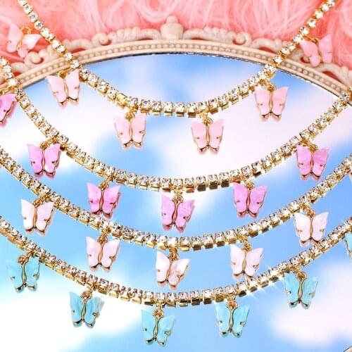 BYNOUCK Fashion Luxury Rhinestone Tennis Chain Choker Necklace Women Gold Silver Color Butterfly Pendant Necklace Girl Jewelry