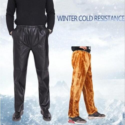 Mens Winter Pants Faux Leather Brushed PU Pants Thicken Casual chaparejos Fleece Trousers Men Clothing