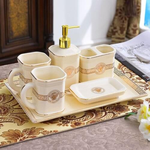 Bathroom Accessories Set Ceramic Tooth brush Holder Soap Dish Soap Dispenser Gargle Cup Dew Container 5pcs per set