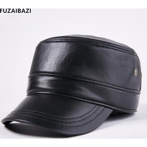 FUZAIBAZI New Adjustable Size Mens Flat Cap Winter Thicken Thermal Genuine Leather Hat Brands Earmuffs Sheepskin Military Hats