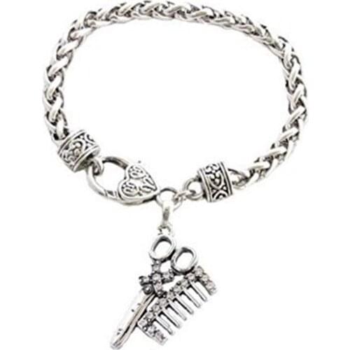 Hair Stylist Clear Crystal Scissors & Comb Lobster Claw Bracelet Barber Beauty Shop Salon Jewelry