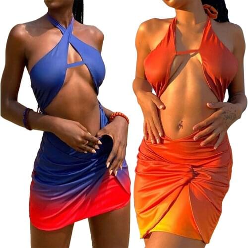 Womens Gradient Color Slimming Dress, Hollowed Waist Backless Cross Lace-up Halter Skirt for Summer