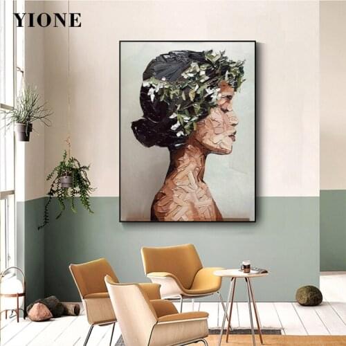 Green Leaf Woman Portrait Oil Painting on Canvas Abstract Figure Nude Girl Poster Wall Art Picture Print Living Room Decoration