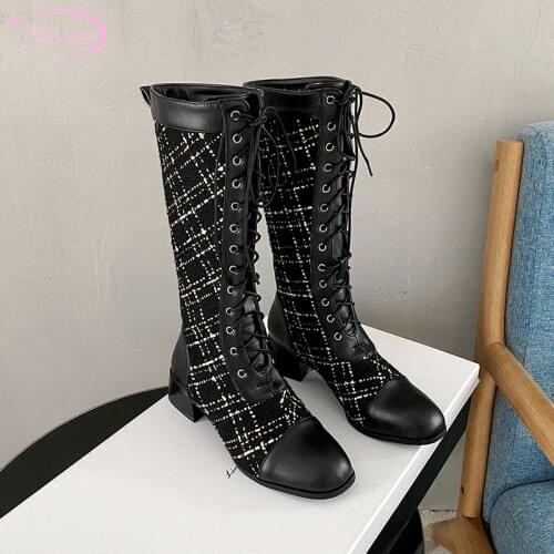 Casual style round toe knee high boots knitting stripe lace-up black apricot medium with thick riding boots womens shoes