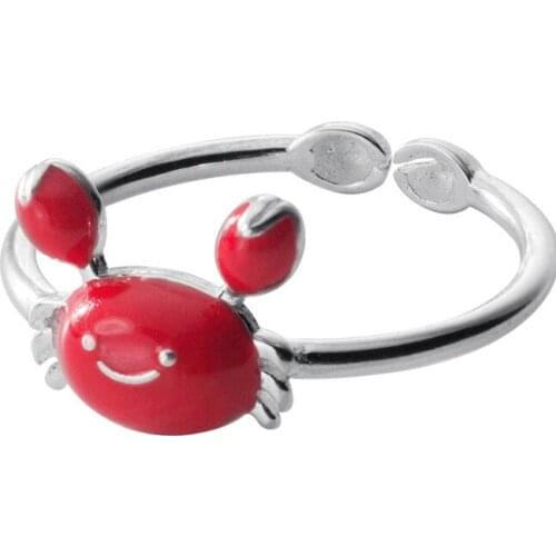 Real 925 Sterling Silver Red Enamel Animal Opening Ring For Fashion Women Cute Crab Fine Jewelry Accessories 2019 Gift