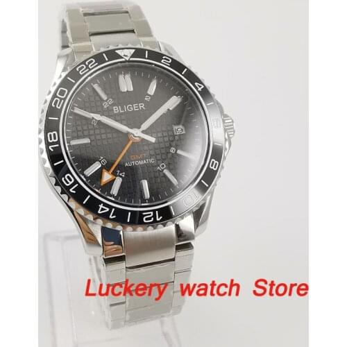 Bliger 41mm luxury Automatic mechanical watch black dial saphire glass GMT Ceramic Bezel Men watches