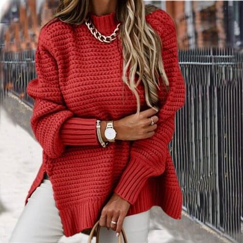 Urifens Pull Femme 2021 Winter Half High Neck Split Knit Oversized Sweater Women Casual Loose Chic Korean Pullover Jumper BT89U