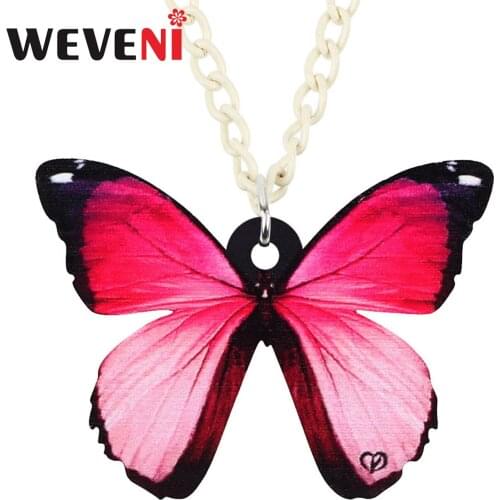 WEVENI Acrylic Red Morpho Butterfly Necklace Choker Cute Animal Collar Pendant Jewelry For Women Kid Friends Gift Wedding Charms