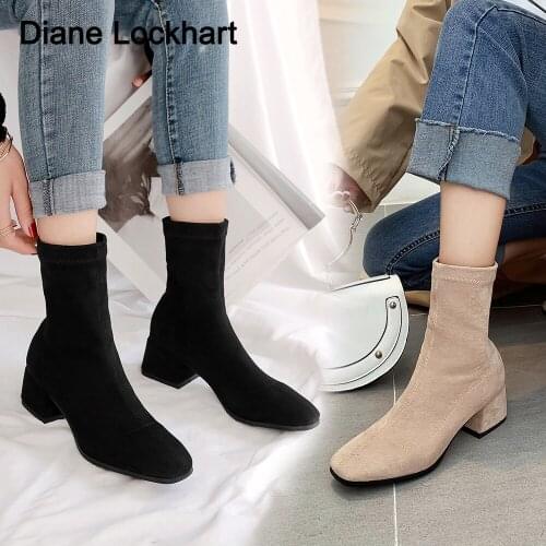 New Flock Ankle Boots Women For Winter Fashion Square Toe heels Woman Zipper Chelsea Boots Beige Suede Botas De Mujer 32 33 41