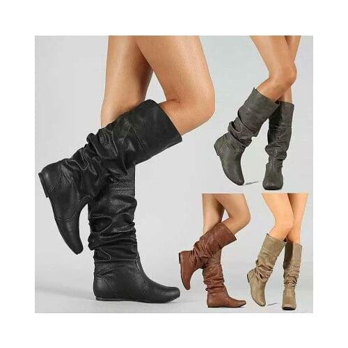 35-43 Women Leather Mid Calf Boots Casual Slip on Autumn Winter Wedge Long Boots Fashion Pleated Round Toe High Boots Female