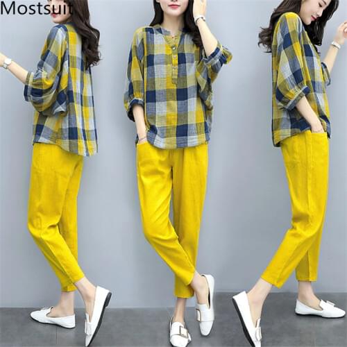 S-3xl Spring Summer Yellow Two Piece Sets Women Plus Size Plaid Blouses Shirts And Pants Suits Casual Fashion Elegant Korean Set