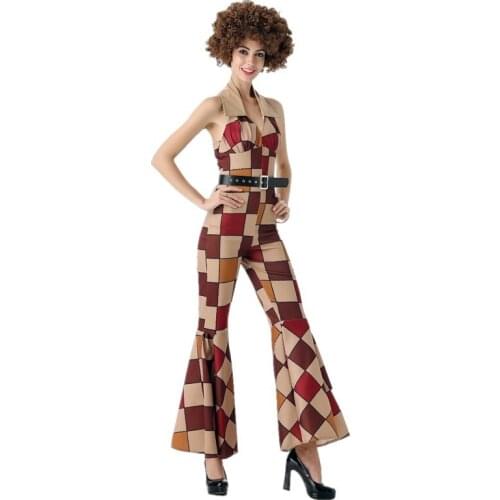 Halloween Sexy Womens 60s 70s Disco Retro Jacket Ladies Plaid The Beatles Style Halter Jumpsuit Hen Party Fancy Dress