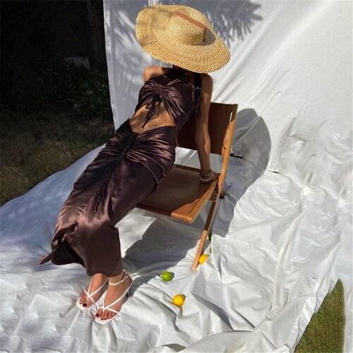 High Street Summer Women Sexy Neck-Mounted Long Dress Fashion Hollow Out Solid Color Drawstring Folds Tie-Up Evening Party Dress