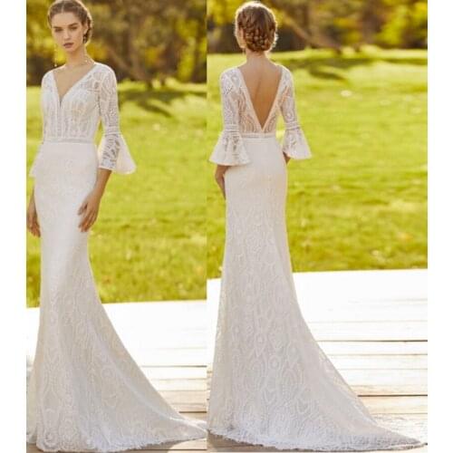 V-Neck Wedding Dresses Bell Sleeve Lace Chiffon Sweep Train A-Line Backless Bridal Dress Arabic Wedding Gowns vestido novia